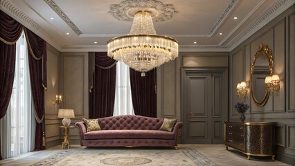 Elegant living room with chandelier sofa and decorative elements