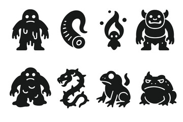 Naklejka premium Swamp Creature Icons. Solid, filled icon set of swamp creatures (fantasy): swamp monster, giant leech, will-o'-the-wisp, bog troll, mud beast, vine serpent,