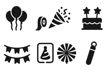 Fototapeta premium Party Icon Set. Solid, filled icon set of party decor: balloon bunch, streamer roll, confetti popper, cake topper, party banner, neon sign, paper fan, glow