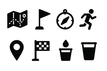 Race Route Icons. Solid, filled icon set of race route: map, route line, checkpoint flag, compass, runner icon, distance marker, finish flag, water station.
