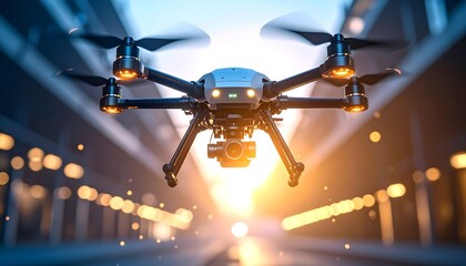 Drone Flying Aerial View with Blurred Background and Lights