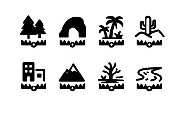 Fototapeta premium Trap Environment Icons. Solid, filled icon set of trap environments: forest trap, cave trap, jungle trap, desert trap, urban trap, mountain trap, swamp trap,