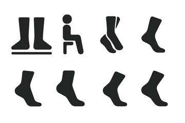 Foot Position Icons. Solid, filled icon set of feet positions: standing, sitting, crossed legs, toes pointed, heels raised, foot flexed, heel down, foot