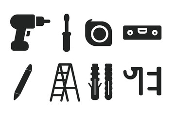 Curtain Tool Icons. Solid, filled icon set of curtain installation tools: drill, screwdriver, measuring tape, level, pencil, ladder, anchors, brackets. Solid,