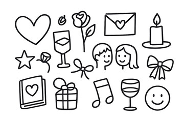 Romantic Doodle Icons. Hand-drawn doodle illustration romance genre heart, rose, letter, envelope, candle, star, book, ring, couple icon, gift box, ribbon,