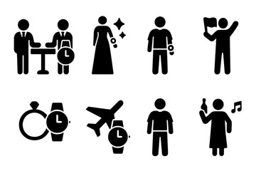 Watch Occasion Icons. Solid, filled icon set of watch wearing occasions: business meeting, gala event, casual outing, sports event, wedding, travel, daily