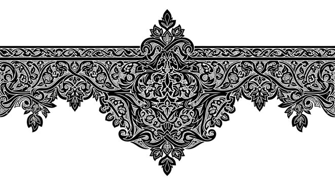 Intricate black and white Islamic geometric pattern border design for elegant backgrounds