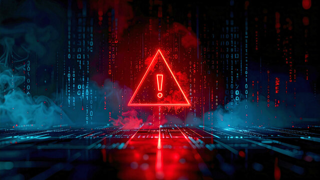 Abstract Cybersecurity Warning Digital Error Screen Background with glowing jagged red alert symbol for danger, resilience, and cyber challenge
