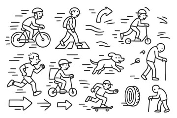 Urban Motion Doodles. Hand-drawn doodle illustration [urban motion] [bike, pedestrian, scooter, crosswalk, motion blur, street arrow, car tire, jogger, running