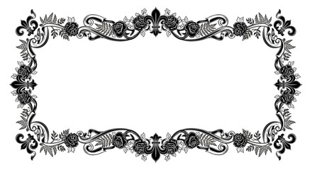 Elegant black floral border design with roses and fleur de lis for invitations, frames, and decorative elements. © Ahsan