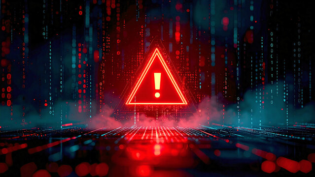 Abstract Cybersecurity Warning Digital Error Screen Background with glowing jagged red alert symbol for danger, resilience, and cyber challenge
