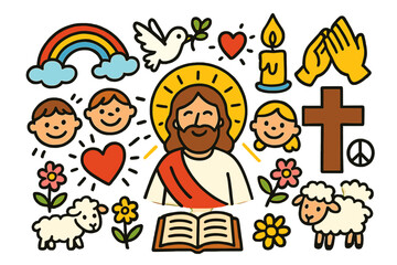 Fototapeta premium Symbols of Forgiveness. Jesus' forgiveness. Colorful Hand-drawn doodle Children illustration Jesus, cross, heart, dove, praying hands, open book, light rays,