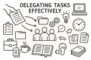 Task Delegation Doodle. Hand-drawn doodle illustration Delegating tasks effectively [hand passing paper, group of people, arrows, checklist, folder, laptop,