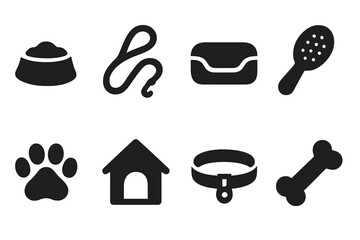 Pet Care Icons. Solid, filled icon set of pet care items: pet bowl, leash, pet bed, grooming brush, paw print, pet house, collar, bone. Solid, filled icons in