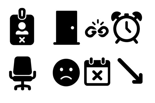 Reduction in Force. Solid, filled icon set of reduction in force: lost badge, closed door, broken chain, alarm clock, empty chair, sad face, canceled meeting,