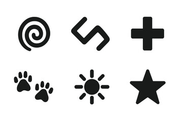 Obraz premium Cave Painting Icons. Solid, filled icon set of cave painting motifs: spirals, zigzags, circles, crosses, animal tracks, waves, suns, stars. [Solid, filled
