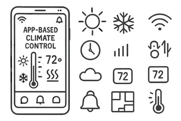 Smart Climate Interface. Hand-drawn doodle illustration App-Based Climate Control interface screen, mobile phone, temp slider, sun icon, snowflake icon, wifi