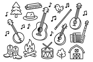 Folk Music Doodle Icons. Hand-drawn doodle illustration folk music acoustic guitar, banjo, harmonica, fiddle, mandolin, accordion, drum, flute, hat, boots,