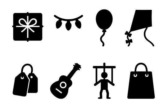 Versatile String Icon Set. Solid, filled icon set of string uses: package tying, string lights, balloon string, kite flying, hanging tags, musical instruments,