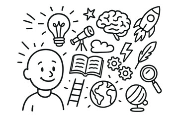 Eureka Doodle Illustration. Hand-drawn doodle illustration Eureka moment light bulb over head, smiling face, spark, brain, open book, telescope, gears, ladder,