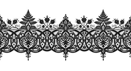 Intricate black lace border design with ornate floral and vine motifs for elegant applications