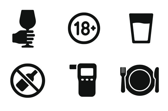 Safety and Moderation Icons. Solid, filled icon set of stirring safety and moderation: drink responsibly sign, age restriction, warning sign, water glass,