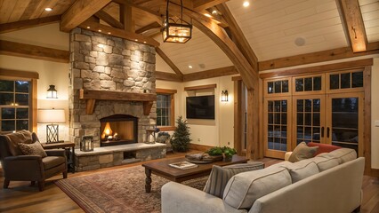Living room with stone fireplace and wooden beams in a cozy home
