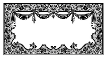 Elegant black lace frame with roses and drapery, perfect for invitations and vintage designs