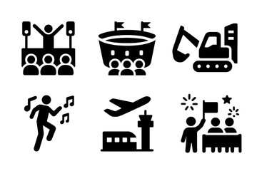 Loud Environment Icons. Solid, filled icon set of loud environments: concert, stadium, nightclub, construction site, airport, festival, rally, parade. Solid,