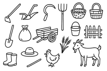 Peasant Life Tools. Hand-drawn doodle illustration peasant life tools hoe, plow, sickle, pitchfork, basket, shovel, sack, wooden cart, bucket, fence, boots,