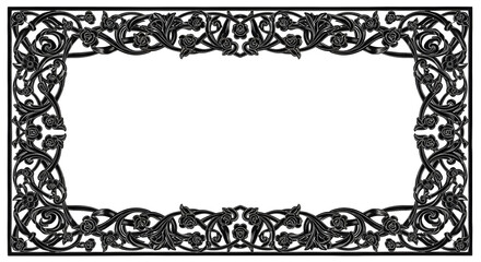 Elegant black floral art nouveau frame with roses and swirling vines for invitations and borders