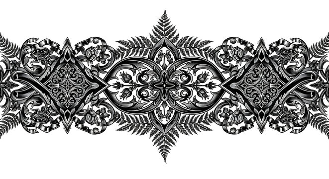 Intricate black and white ornamental border with elegant floral and fern motifs