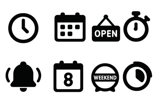Market Schedule Icons. Solid, filled icon set of market times and schedules: clock, calendar, opening hours sign, timer, alarm bell, calendar date, weekend