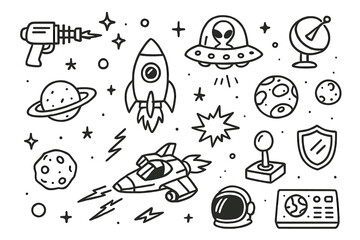 Fototapeta premium Space Battle Doodle. Hand-drawn doodle illustration spaceship battle laser gun, rocket, alien spaceship, radar, stars, planets, explosion, fire, shield,