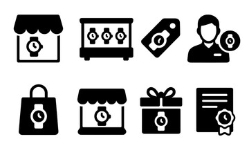 Watch Retail Icon Set. Solid, filled icon set of watch retail: storefront, display case, price tag, sales assistant, shopping bag, online store, gift box,