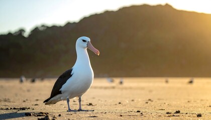 Fototapeta premium A graceful seabird stands on a sandy beach at sunset