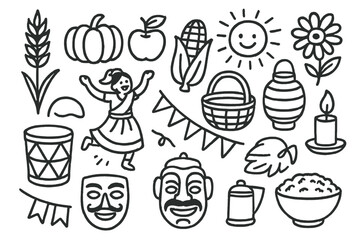 Harvest Festival Doodle. Hand-drawn doodle illustration harvest festivals wheat stalk, pumpkin, apple, corn, basket, sun, flower, drum, dancer, flag, banner,