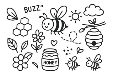 Buzzing Bee Doodle. Hand-drawn doodle illustration [buzzing bee theme] [bee, honeycomb, flower, wing, hive, buzz lines, leaf, honey jar, pollen, sun, sting,
