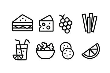 Picnic Food Icons. Outline icon set of picnic food: sandwich, cheese, grapes, carrot sticks, lemonade, salad bowl, cookies, fruit slice. Line icons in only