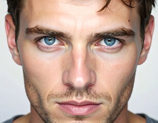 Obraz premium Intense Gaze of a Handsome Man with Piercing, Vivid Blue Eyes in a Close-Up Portrait.