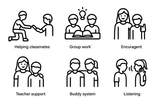 Kindness School Icons. Outline icon set of kindness in school: helping classmates, sharing supplies, group work, encouragement, teacher support, buddy system,