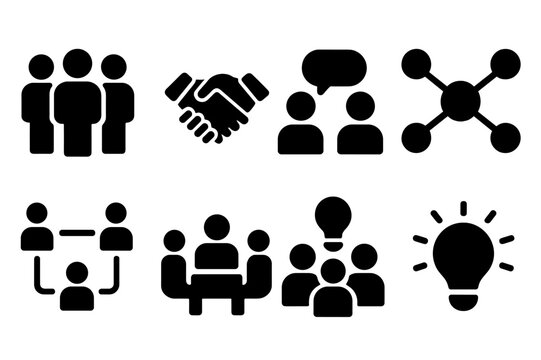 Peer Group Icons. Solid, filled icon set of peer group: people standing, handshake, conversation bubbles, connected dots, network nodes, collaboration, team