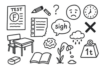 Academic Disappointment Icons. Hand-drawn doodle illustration academic disappointment test paper with F grade, broken pencil, torn notebook, frown face,