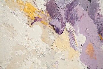 Fototapeta premium A vibrant abstract painting, showcasing a dynamic interplay of textures and colors, including muted whites, warm yellows, and deep purples.