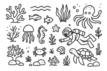 Coral Reef Doodle. Hand-drawn doodle illustration [Coral reef study] [coral, fish, seaweed, octopus, starfish, seahorse, crab, jellyfish, shell, algae, diver,