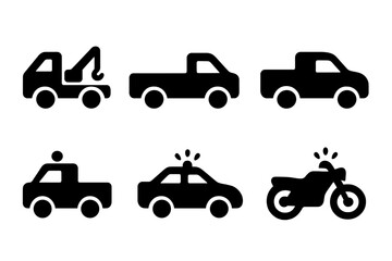 Fototapeta premium Repo Vehicles Icons. Solid, filled icon set of repo vehicles: tow truck, flatbed truck, pickup truck, van, recovery vehicle, police car, motorcycle, car with