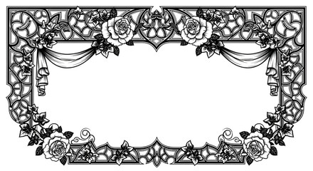 Elegant vintage floral frame with roses and ornate scrollwork, perfect for invitations or decorative borders