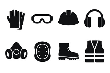 Safety Equipment Icons. Solid, filled icon set of repair safety equipment: gloves, safety goggles, helmet, ear protection, mask, knee pads, safety boots,