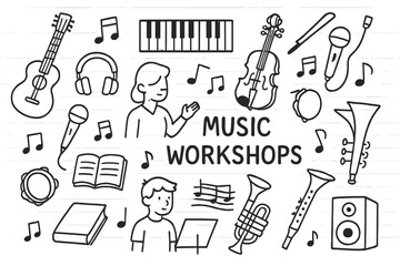 Musical Workshop Doodles. Hand-drawn doodle illustration Music workshops [guitar, piano, violin, drum, microphone, notes, headphones, book, sheet music,