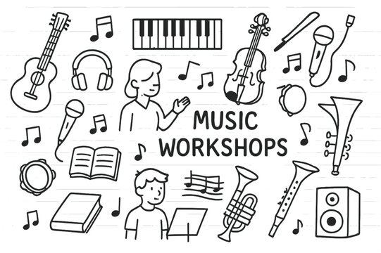 Musical Workshop Doodles. Hand-drawn doodle illustration Music workshops [guitar, piano, violin, drum, microphone, notes, headphones, book, sheet music,